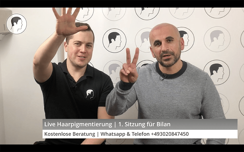 George with a smiling Bilan after his scalp micropigmentation