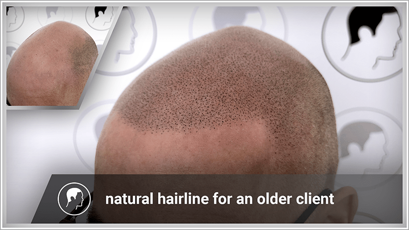 Scalp micropigmentation with natural hairline for an older client.